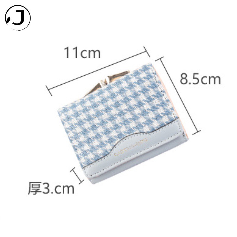 KAITIFEI Ví nữ bỏ túi Houndstooth nhiều ngăn canvas dáng ngắn gập cầm tay mini họa tiết kẻ sọc khóa cài đa năng