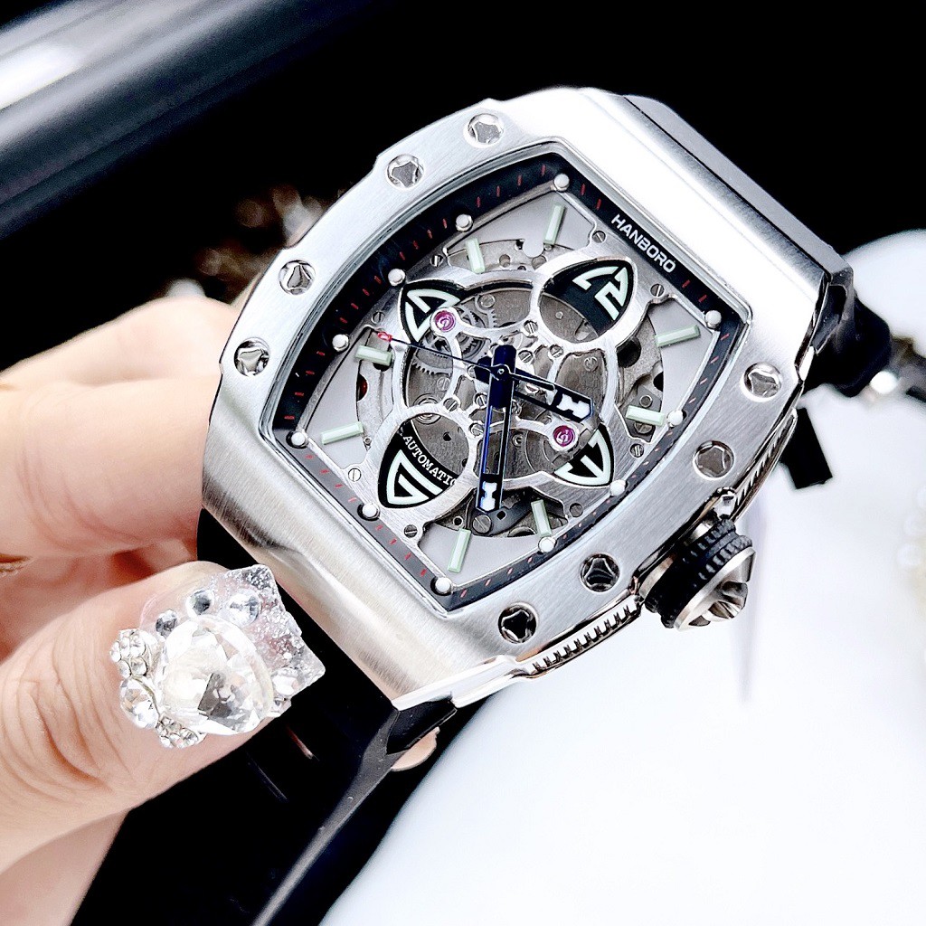 Đồng Hồ Nam Hanboro By Huboler Automatic Dây Silicon Đen Silver 40x48mm Authentic