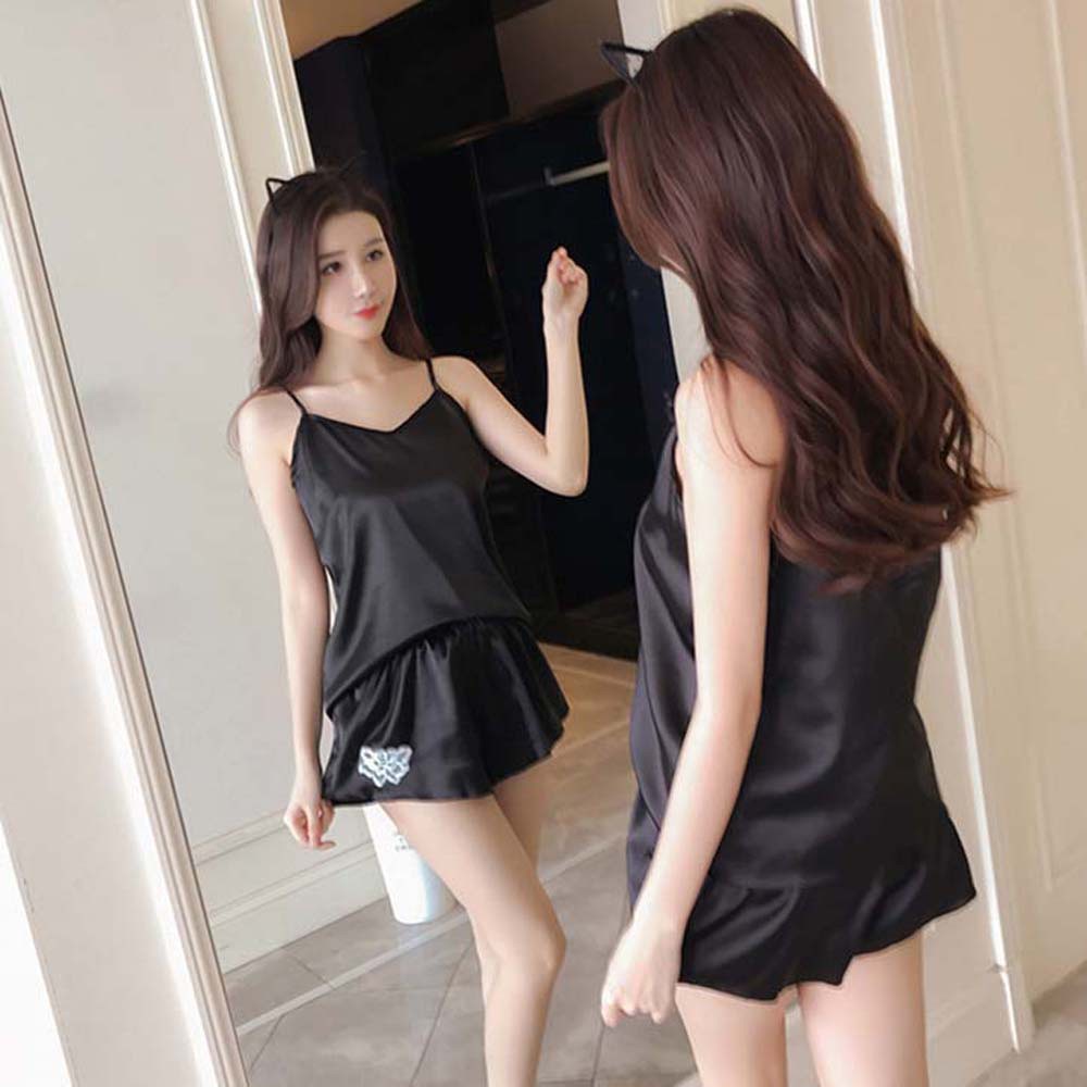 Bộ Đồ Ngủ Hai Dây Cổ Chữ V Vải Lụa Mát Mềm Màu Trơn Thoải Mái Thời Trang Mùa Hè Cho Nữ