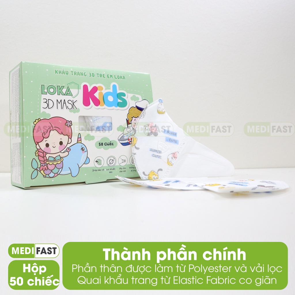 Khẩu trang cho bé ngăn ngừa bụi, kháng khuẩn - 3D mask kid Loka - Hộp 50 cái họa tiết dễ thương cho bé 2-10 tuổi