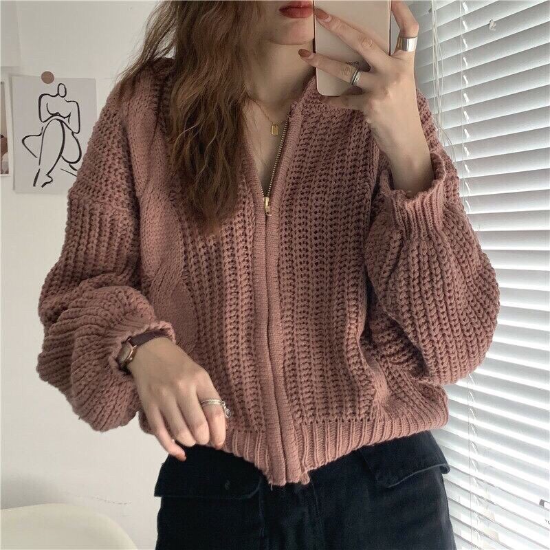 Áo LEN THỪNG MŨ KHOÁ TAY BỒNG KÈM ẢNH THẬT