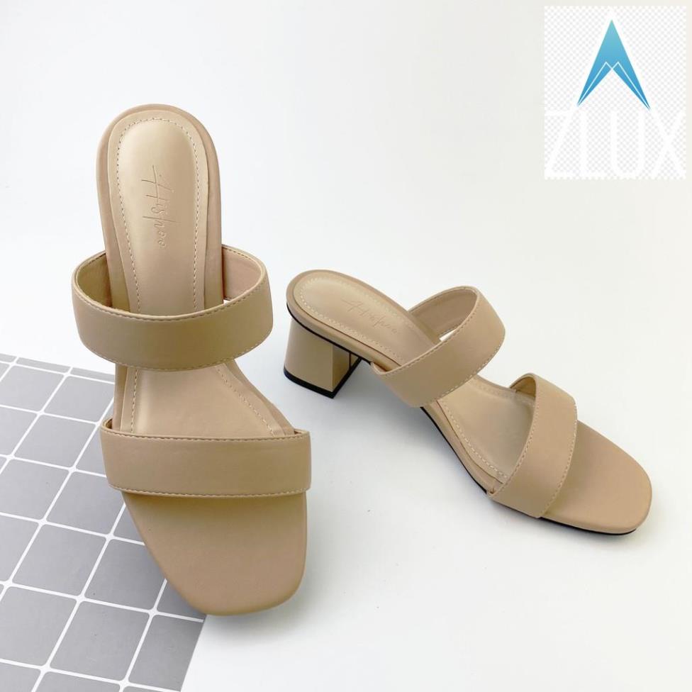 💇 Guốc cao gót nữ đế vuông dáng dép sandal cao 5p mũi vuông 2 quai ngang cao cấp chính hãng HISHOO S055 💇