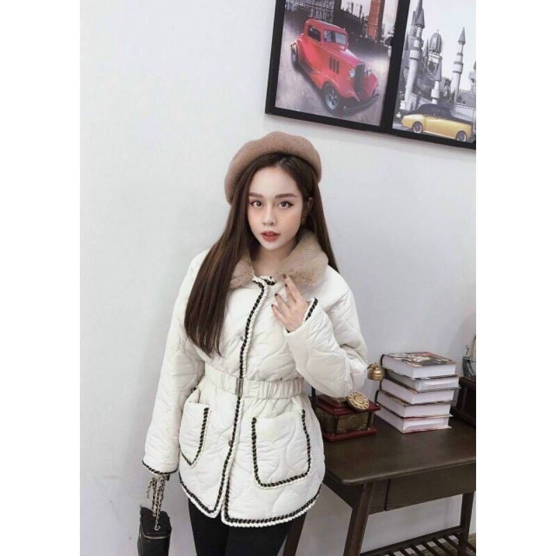 Áo phao trám cổ lông cừu chạy viền nổi kèm belt | BigBuy360 - bigbuy360.vn