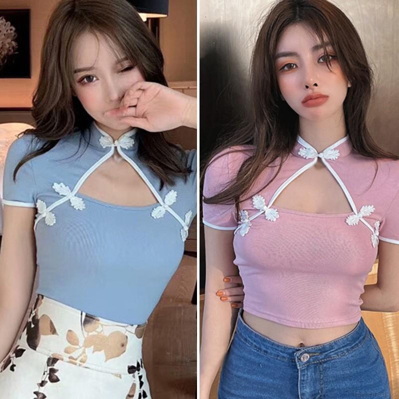 [Baywellfashion]Women's Contrast Color Sexy Hollow Out Short Sleeve Cheongsam T-Shirt | BigBuy360 - bigbuy360.vn