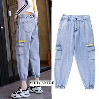 Quần Baggy Jean Nữ CẠP CHUN TÚI HỘP Lé Vàng - VIETCENTRE