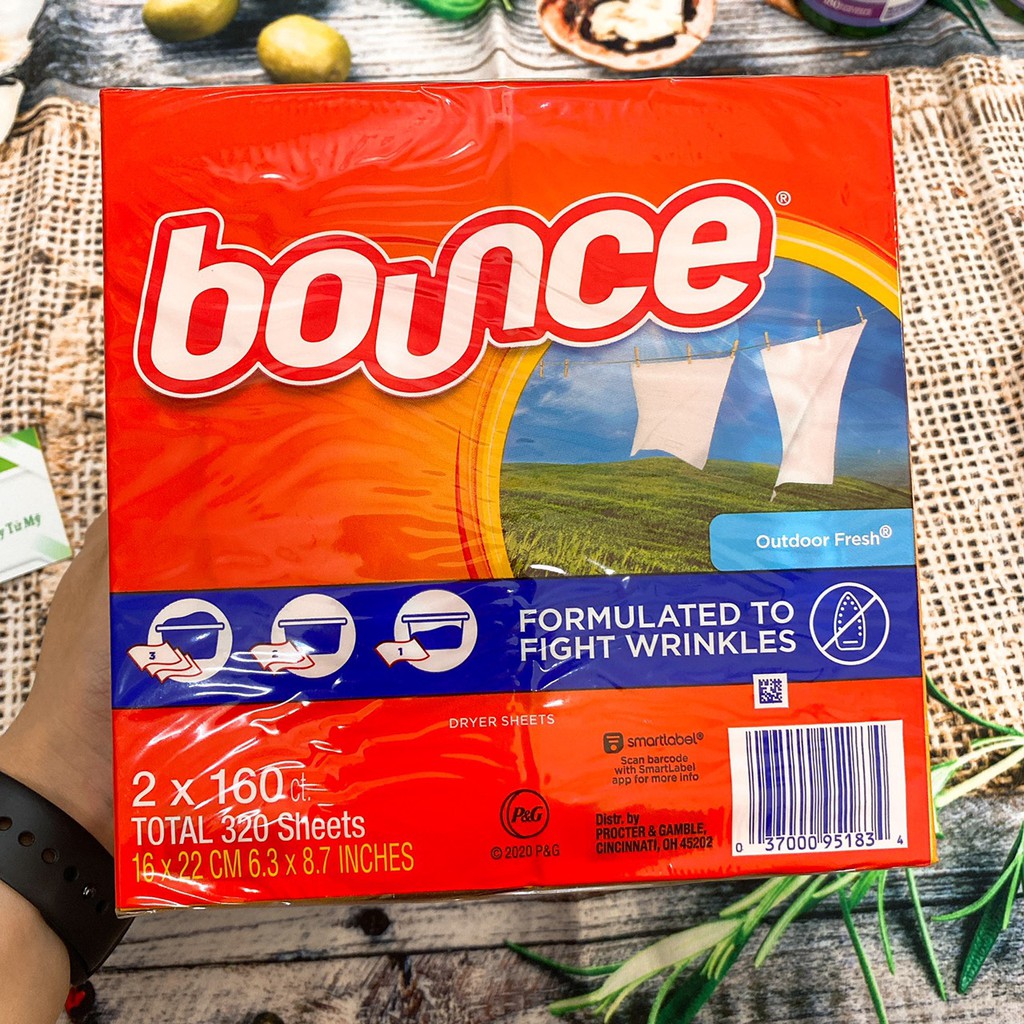 Giấy thơm Bounce Mỹ 160 tờ (Giấy thơm xả mềm vải Bounce Outdoor fresh, chống nhăn, chống dính)