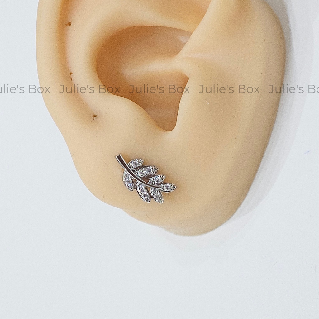 [1 Chiếc] Khuyên Tai Titan Lá Cây Đính Đá Unisex Màu Bạc Đuôi Bi Không Gỉ Sét Không Ngứa Bông Tai Nam Julies Box 66