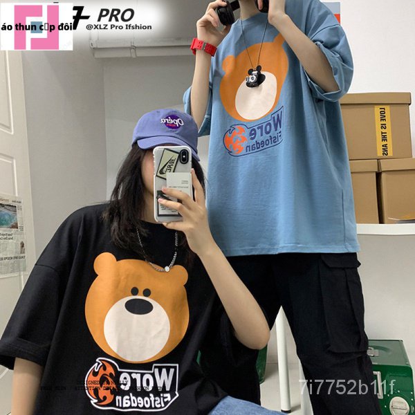 Áo thun rời Unisex Nhật Bản in hoạt hình ngắn tay gấu Hip Hop Cặp đôi đa năng Trang phục Làm bằng cotton co giãn dày, ta