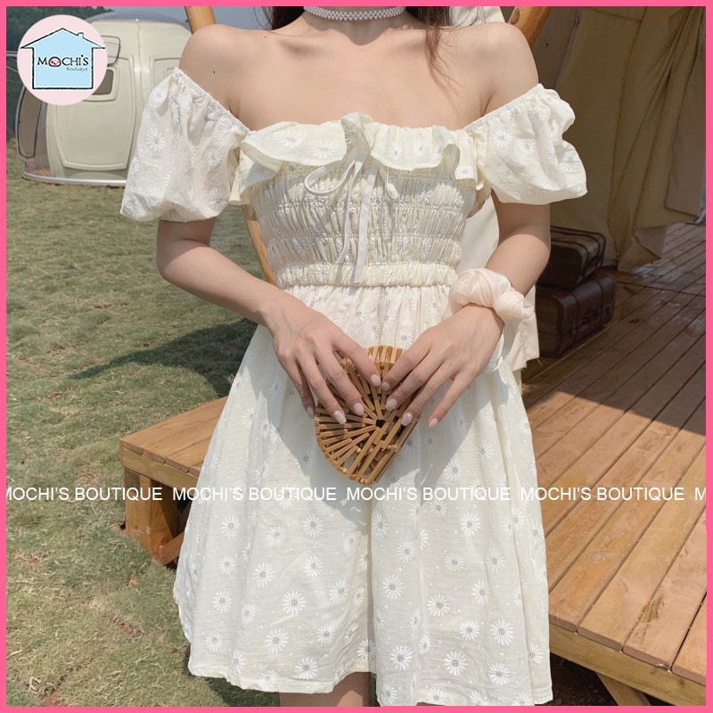 Váy đầm nữ cổ vuông tay phồng điệu đà, mẫu đầm hoa nhí đẹp mặc được 2 kiểu trễ vai hoặc cổ vuông tiện lợi-M063