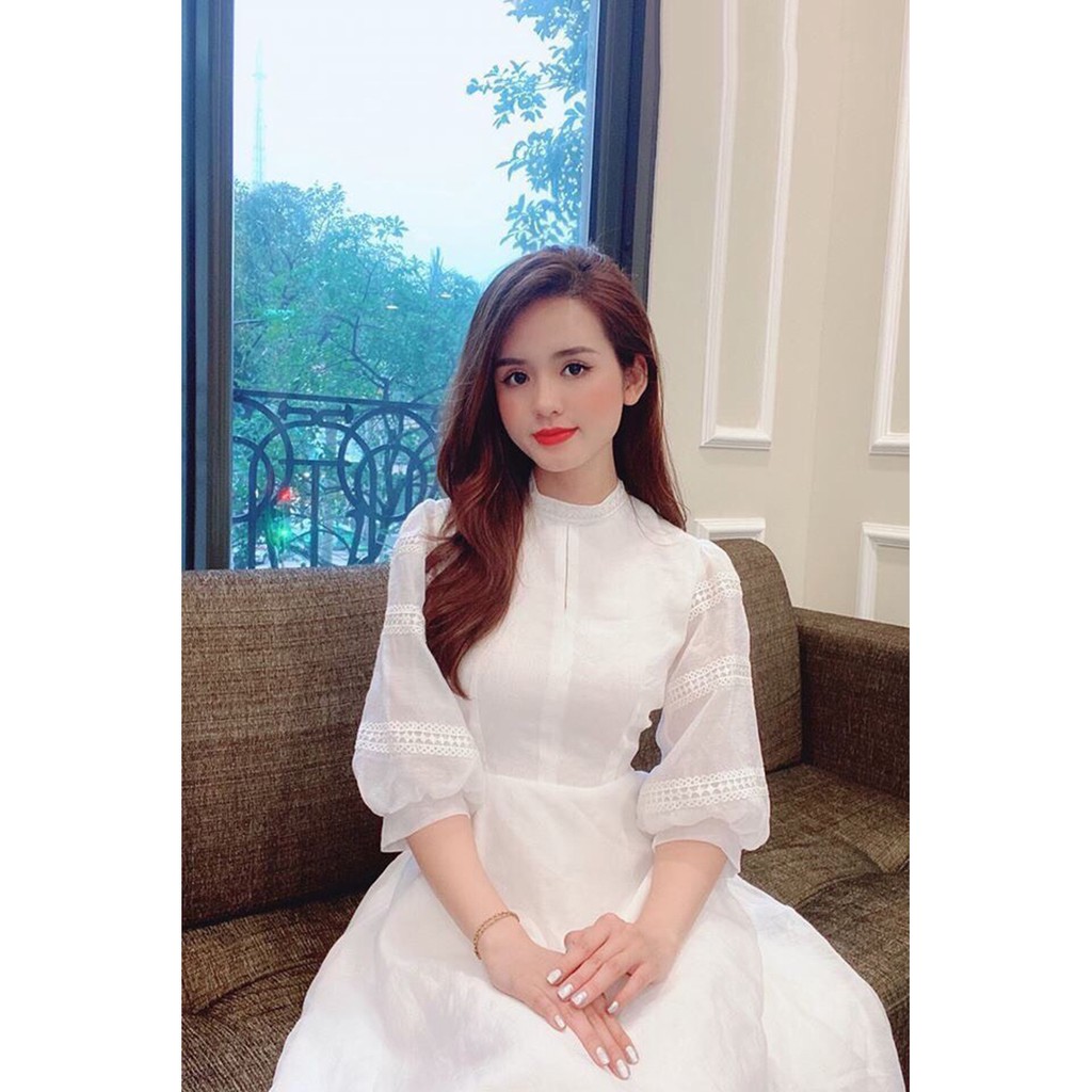 Đầm dự tiệc cao cấp trắng tay phồng phối ren chất Voon nhẹ nhàng sang trọng | BigBuy360 - bigbuy360.vn
