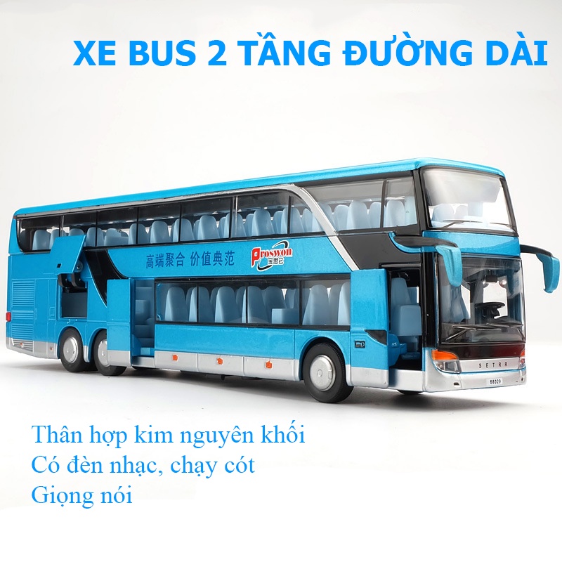 Mô hình xe bus 2 tầng đường dài KAVY chở khách bằng hợp kim có nhạc và đèn mở được tất cả cánh cửa chạy cót