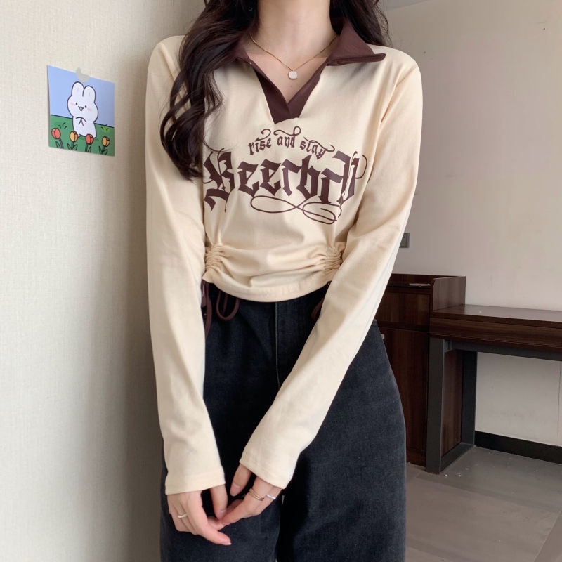 Áo Sơ Mi Dài Tay Cổ Polo Phối Dây Rút Màu Sắc Tương Phản Thời Trang Hàn Quốc Cho