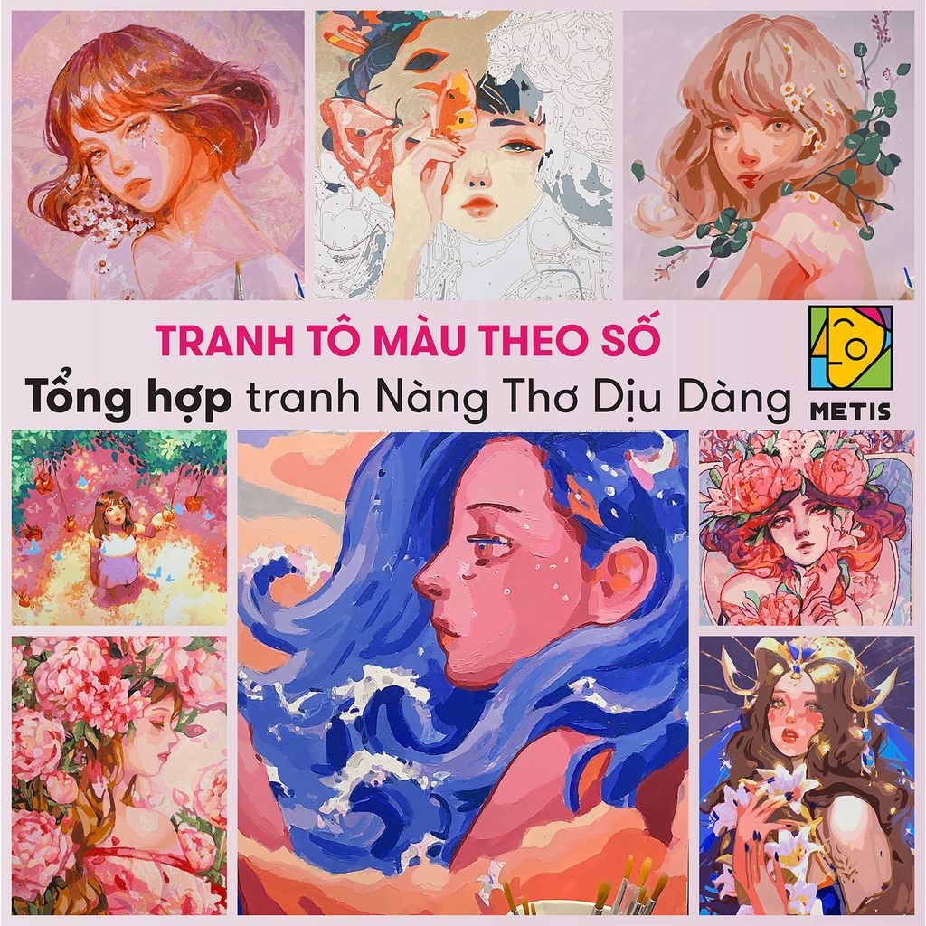 Tranh Tô Màu Theo Số Tuyển Tập Tranh Số Hoá Nàng Thơ Cô Gái Trang Trí Phòng Đã Căng Khung - Có Sẵn METIS