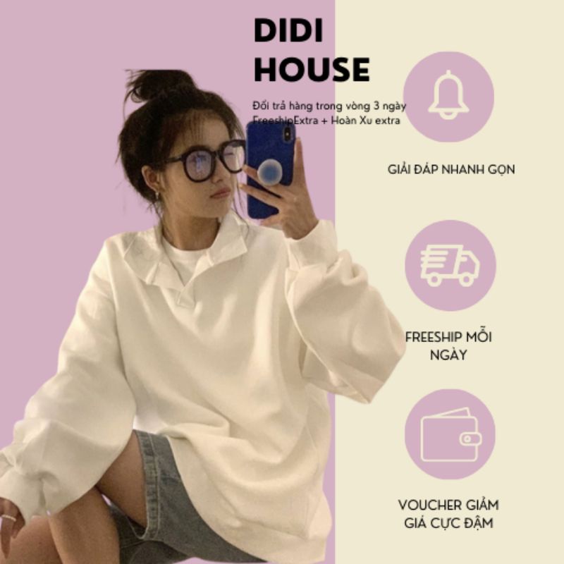 Áo Nỉ Cổ  Bẻ Polo 3 Màu Nữ [FREESHIP] 🌸 Sweater form rộng tay bồng, hoodie trơn màu bánh bèo cá tính Ulzzang 🌸