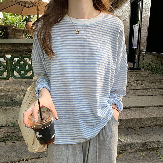 Áo Thun Tay Dài Dáng Rộng Họa Tiết Kẻ Sọc Ngang Phong Cách Hàn Quốc Thời Trang Mùa Thu Cho Nữ