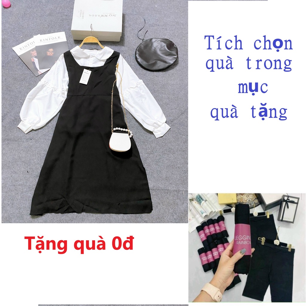 Set yếm tiểu thư HÌNH THẬT kèm áo tay bồng, yếm dài xẻ ôm eo