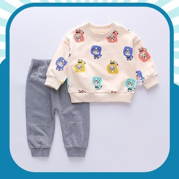 Bộ dài tay cho bé trai chất cotton in hình chú sư tử dễ thương