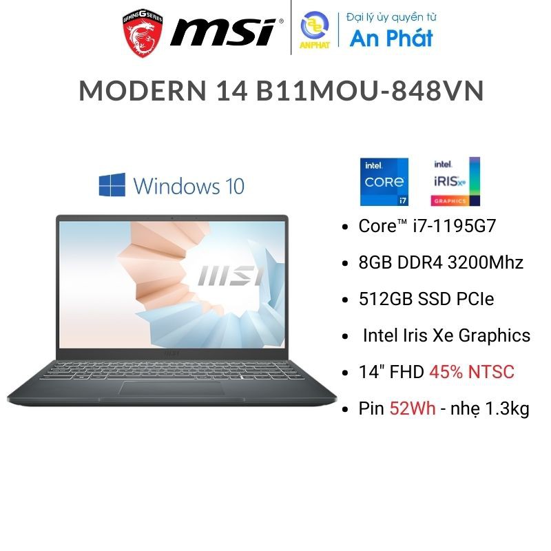 Laptop MSI Modern 14 B11SBU 668VN / 848VN ( intel Gen11 | RAM 8GB | 512GB SSD | 14" FHD | Win10) | BigBuy360 - bigbuy360.vn
