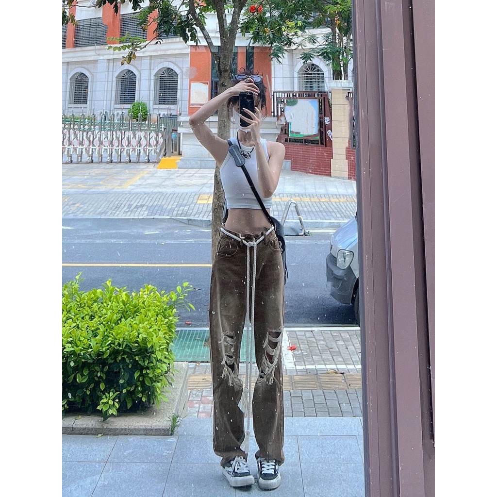 Jiashucheng Quần Jean Nữ Lưng Cao Dáng Rộng Rách Gối Cá Tính