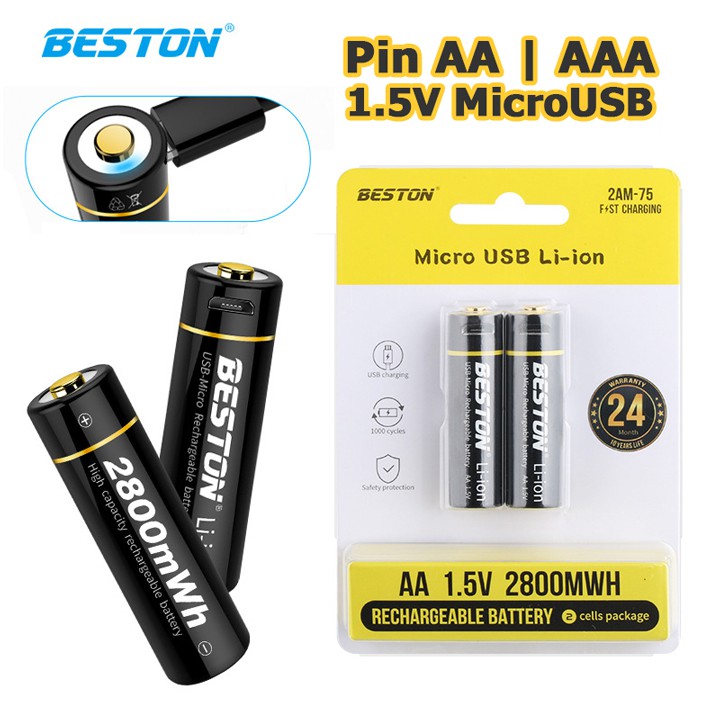 Combo 2 Pin sạc 1.5V AA AAA pin lithium Beston cổng sạc microUSB trên thân pin 800mwh 1000mwh 2800mwh 3500mwh