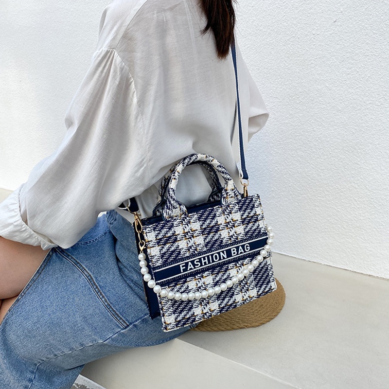 Túi Đeo Chéo Họa Tiết Kẻ Sọc Đính Ngọc Trai Phong Cách Hàn Quốc Thời Trang Cho Nữ