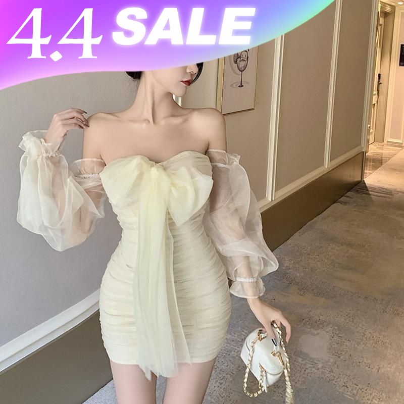One shoulder dress, French mesh waist closing small skirt, new summer bow, long sleeve temperament, Hip Wrap Skirt, fema