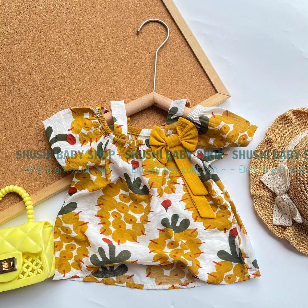 Set bộ bé gái 2 dây chất đũi tơ mềm mát phối nơ xinh họa tiết nổi bật xinh xắn Shushibaby