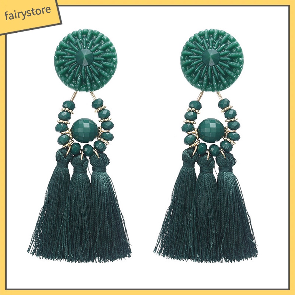 Khuyên Tai Chuỗi Đính Hạt Nhựa Phối Tua Rua Phong Cách Bohemian