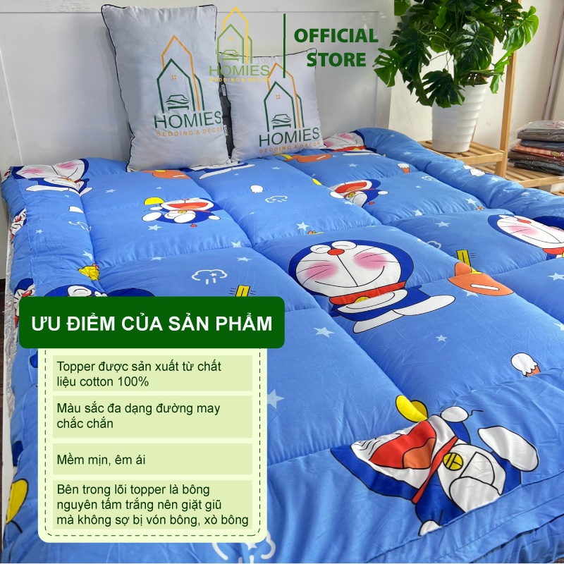 Nệm Topper Doremon HOMIES Tấm làm mềm đệm cotton Đũi Hàn quốc mới nhất 2020 - Có Chun 4 Góc Cố Định Đệm