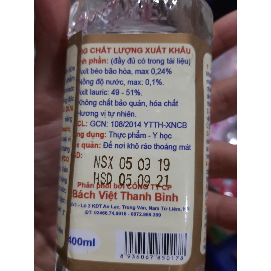 DẦU DỪA TINH KHIẾT BÁCH VIỆT THANH BÌNH 400ml( kèm sách hướng dẫn sử dụng)