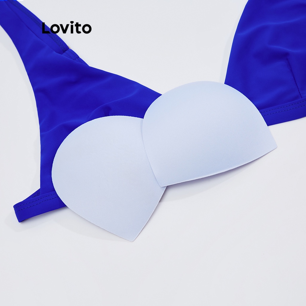 Bộ bikini Lovito cổ chữ V xẻ sâu cơ bản với miếng đệm có thể tháo rời L18X514 (Màu xanh đậm)