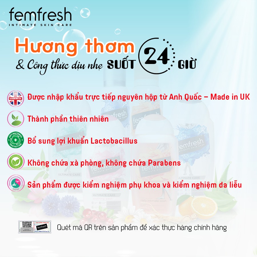 Dung dịch vệ sinh phụ nữ cao cấp cho da nhạy cảm Anh Quốc Femfresh Pure &amp; Fresh Wash 250ml