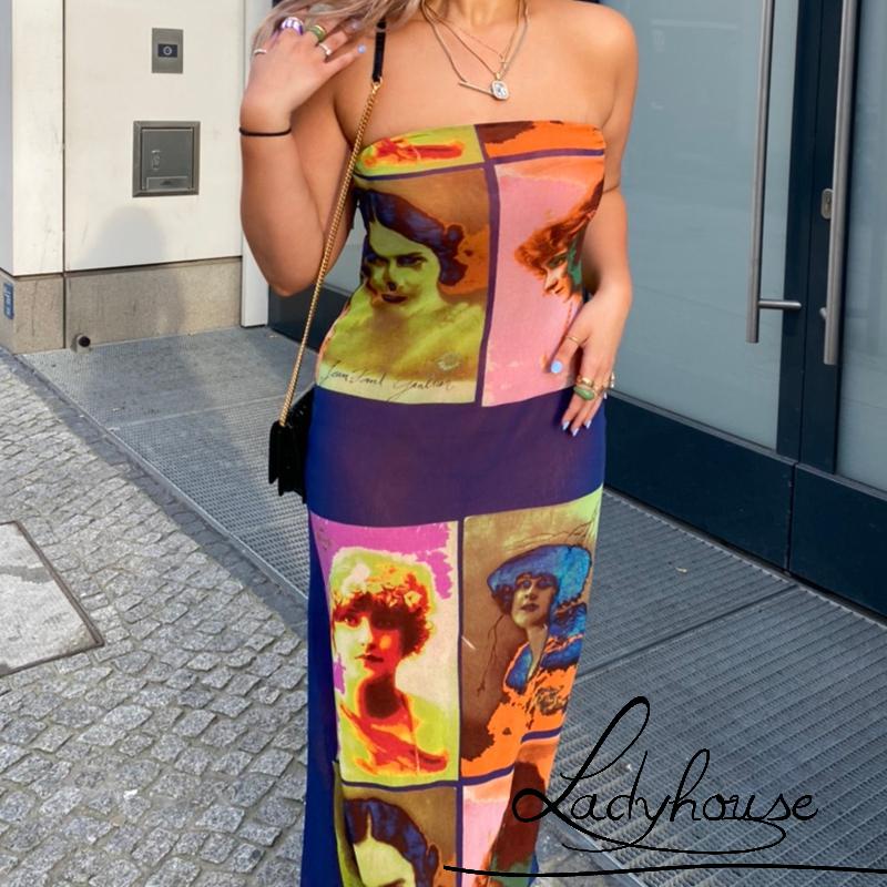 Đầm Hai Dây Ôm Dáng Hở Lưng In Họa Tiết Tranh Vẽ Gợi Cảm Mùa Hè Cho Nữ