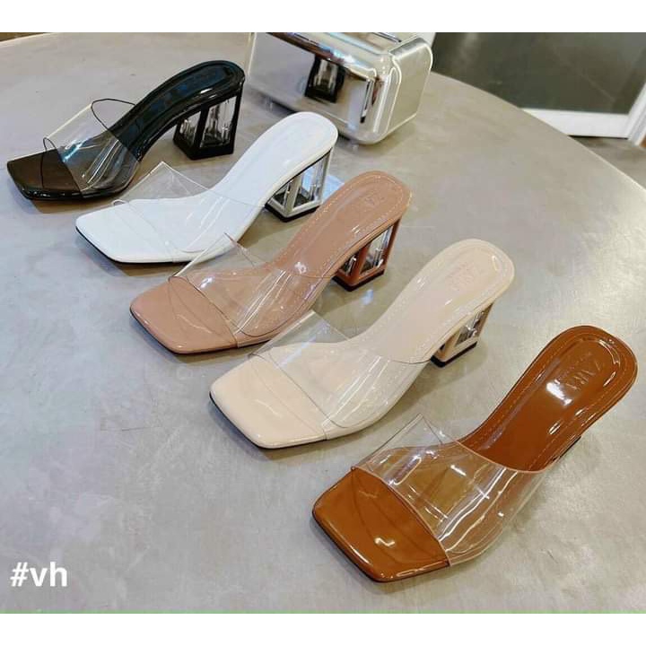 Dép cao gót nữ 5cm quai ngang trong đế vuông thời trang hở mũi xỏ ngón đẹp