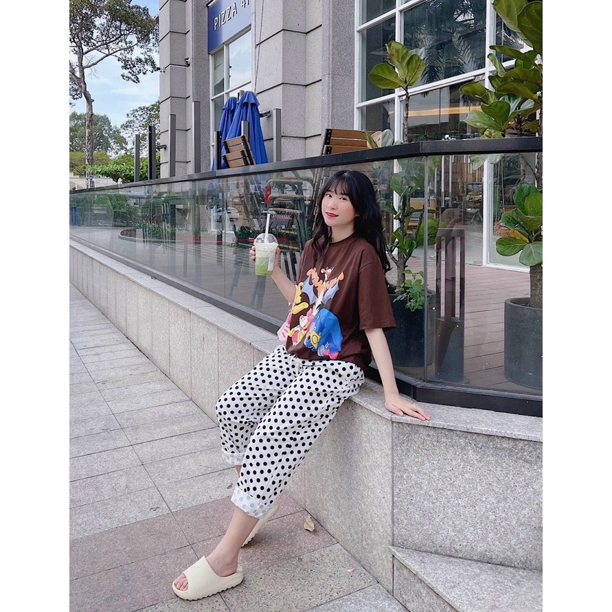 Set Đồ Thun Nữ Quần Chấm Bi Áo Ngắn Tay in Hình Ngộ Nghĩnh Hàng Thu Đông Mặc Đi Dạo Đi Chơi Tiện Lợi Cho Nữ