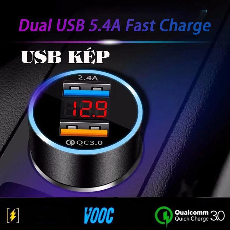 Tẩu Sạc nhanh xe hơi có đèn Led hiển thị 2 cổng USB bộ cốc sạc ô tô loại PD có đo điện áp