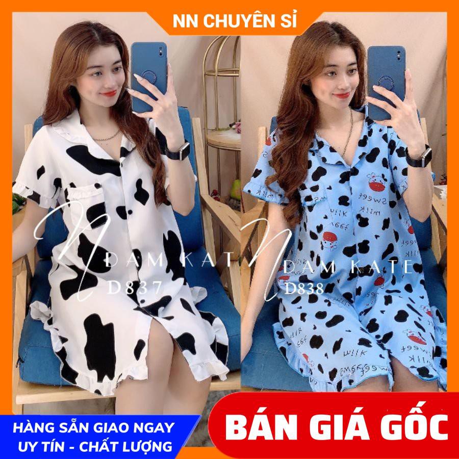 Đầm nữ mặc nhà phom rộng chất kate mềm mịn mát in hình bò sữa in gấu hello kitty in chuột in hình hoạt hình dễ thương