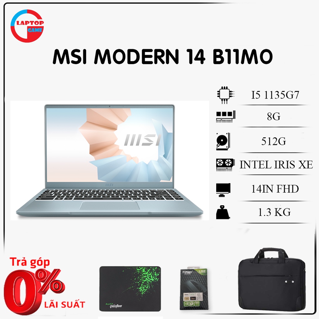 Laptop utrabook mỏng nhẹ MSI Modern 14 B11MO - i5 1135G7/8GB/512GB SSD/Intel Iris Xe Graphics/Win10/xanh ngọc