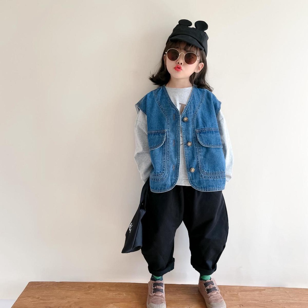 Áo Khoác Denim Không Tay Dáng Rộng Phong Cách Nhật Hàn Thời Trang Mùa Thu Mới 2022 Dành Cho Bé Trai Gái