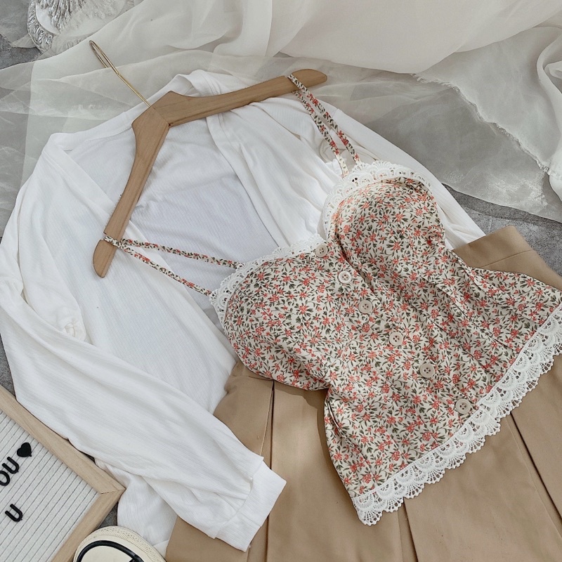 SET 3 MÓN ÁO HOA REN 2 DÂY + CHÂN VÁY KEM XẾP LY + ÁO KHOÁC TRẮNG