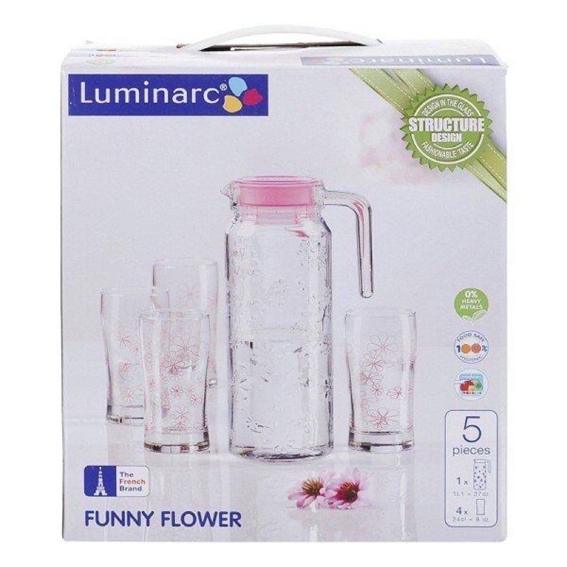 Bộ bình ly thuỷ tinh 5 món Luminarc Funny Flower J8515 ( Bình dung tích 1.1 lít; Ly dung tích 240 ml ) - hàng chính hãng
