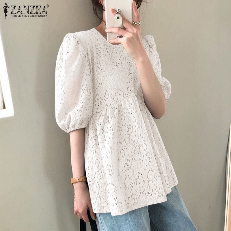 Áo nữ Zanzea tay phồng cổ chữ O phong cách Hàn Quốc thanh lịch