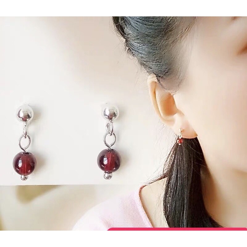 Bạc Ý S925 Mẫu nụ tròn đá đỏ hợp mệnh Hoả. Bông tai bạc, khuyên tai Hàn Quốc