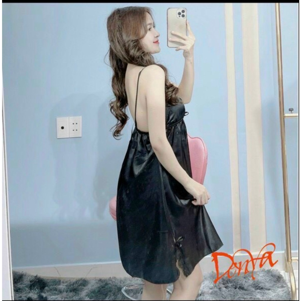 Đầm ngủ sexy🍀 FREE SHIP ️🍀 Đầm ngủ chất phi lụa phối ren ở tà sexy,quyến rũ Freesize dưới 57KG