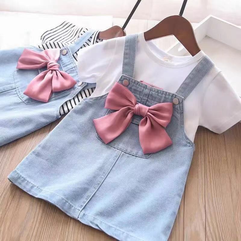 Đầm Yếm Denim Đính Nơ Thời Trang Xinh Xắn Cho Bé Gái