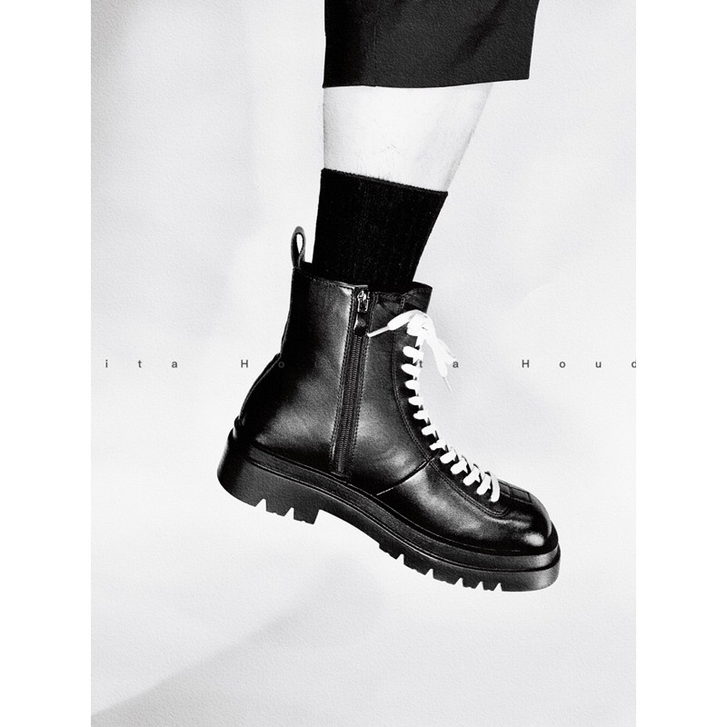 Boot cao cổ cổ lửng mũi vuông buộc dây đế cao quân đội hàn quốc - HOUDITA C-B01