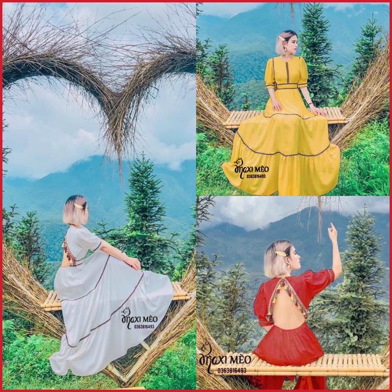 Đầm maxi đũi lụa thổ cẩm phối viền tay bồng hở lưng vintage, Váy tiệc xoè xịn retro du lịch chụp ảnh đẹp 3 MÀU HÌNH THẬT | BigBuy360 - bigbuy360.vn