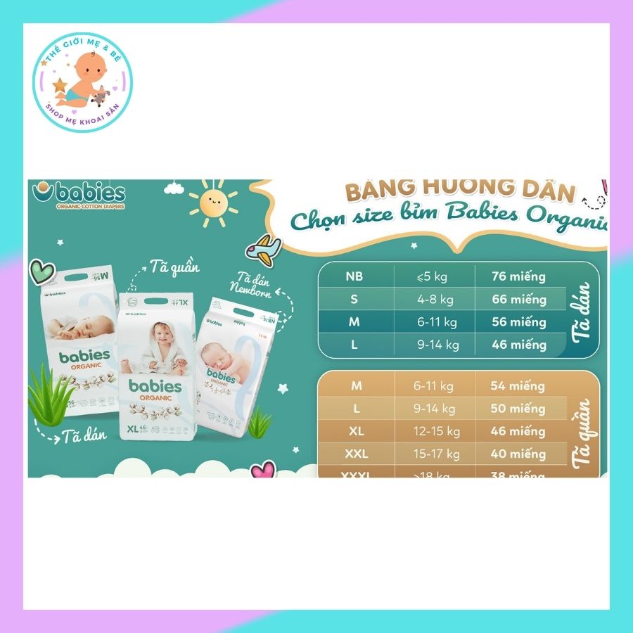 Tã Bỉm BABIES ORGANIC an toàn cho bé [Dán S66/M56/L46] [Quần M54/L50/XL46/XXL40]