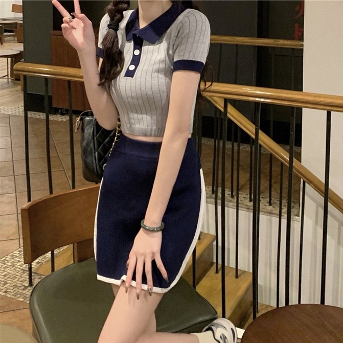 【Hana and Alice】Áo Thun POLO Dệt Kim Tay Ngắn Thiết Kế Trẻ Trung Cá Tính