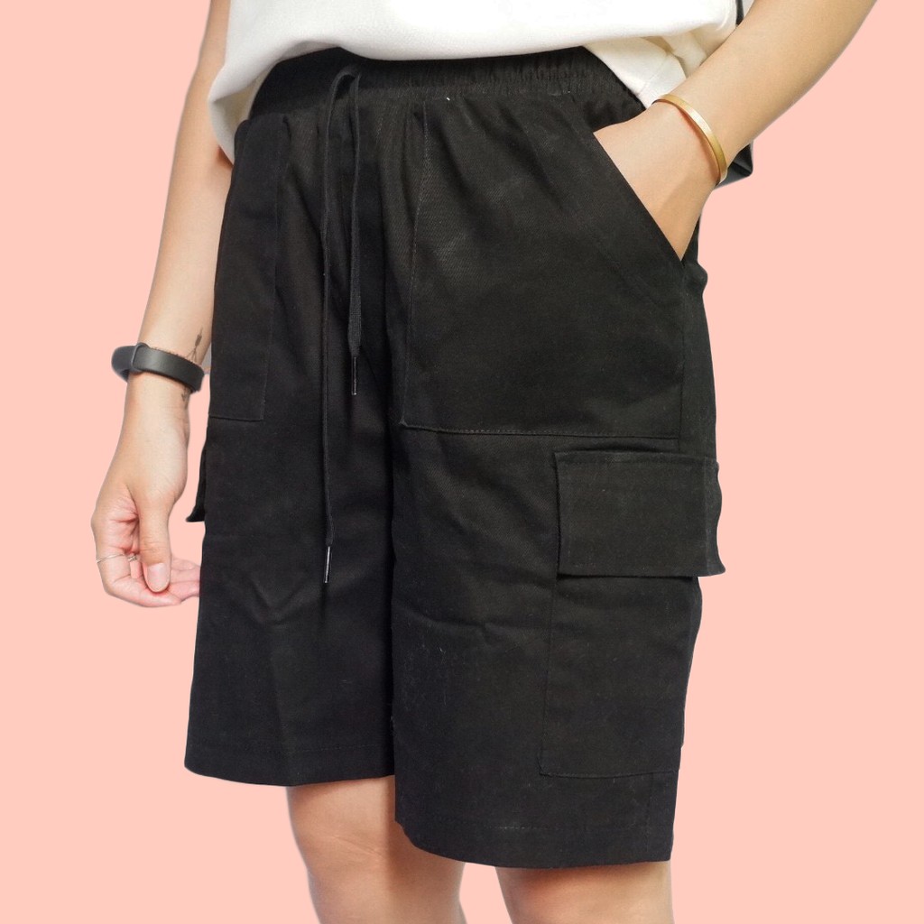 Quần Short Kaki Lưng Thun Túi Hộp (Màu Đen)